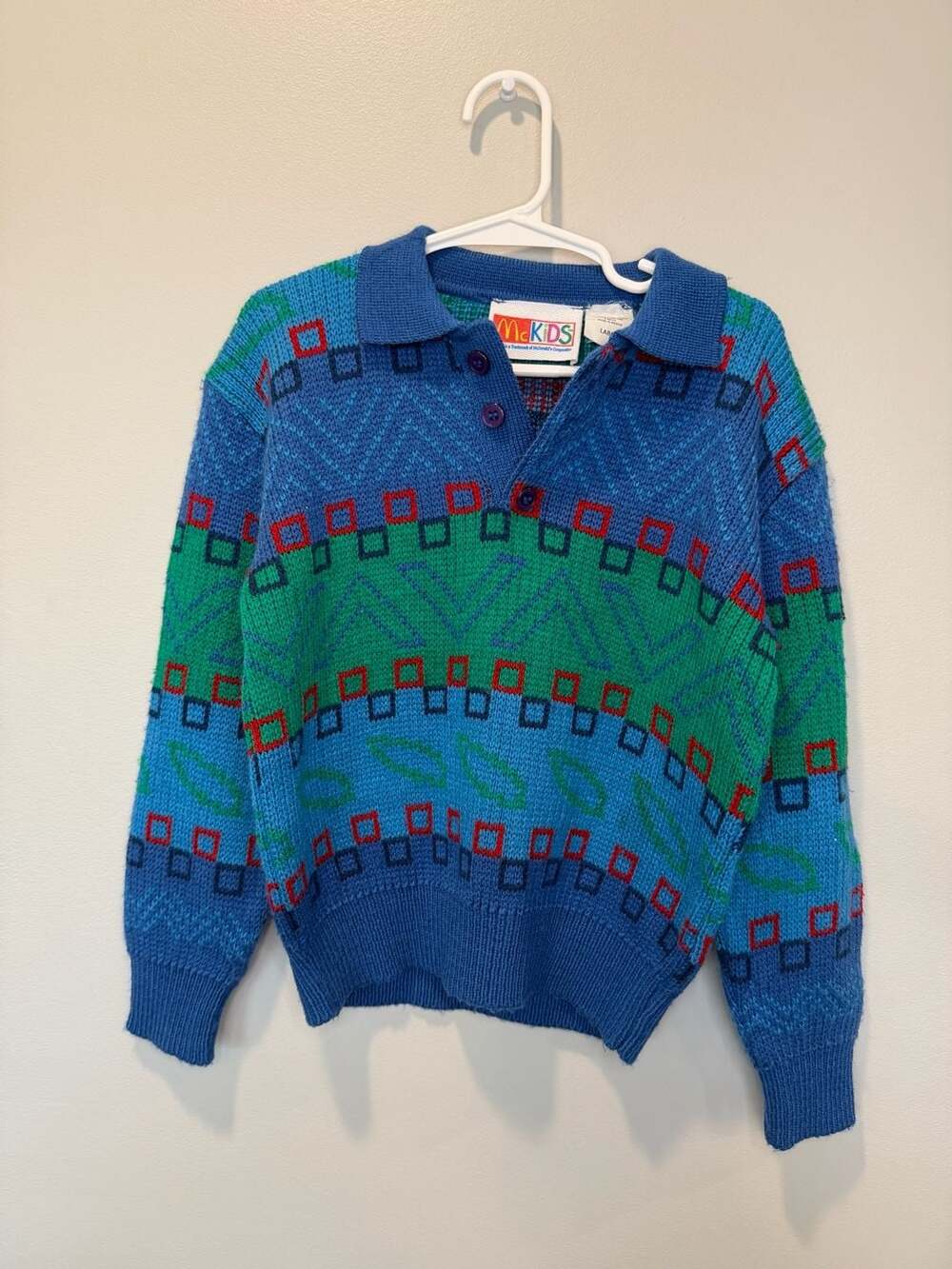 McKids Vintage Polo Sweater Large Blue Geometric Knit